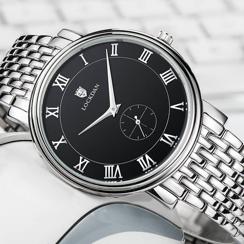 劳卡丹(lockdan)男表 男士超薄时尚商务休闲钢带手表 白面棕带