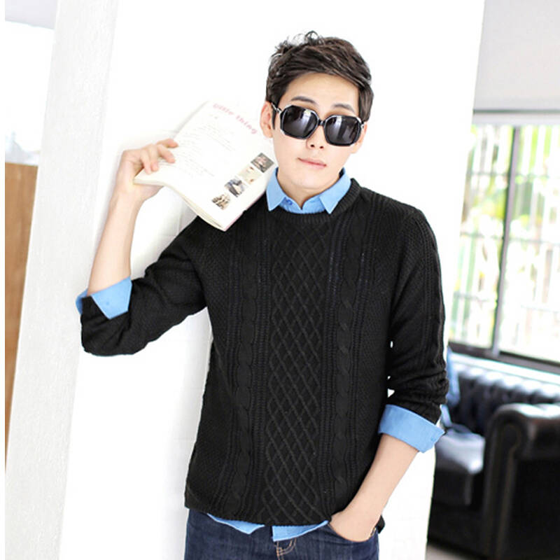 丹杰仕(firefly)秋冬新款麻花圆领针织衫青年时尚简约韩版修身毛衣 男