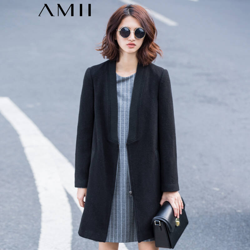 amii[极简主义]冬罗纹低领拉链长袖大码长款毛呢外套11571834 黑色