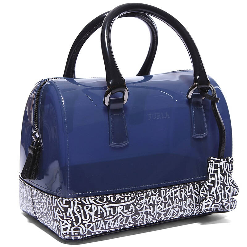 自营 furla 芙拉 女士candy系列蓝色pvc拼接涂鸦真皮小号果冻包手提包