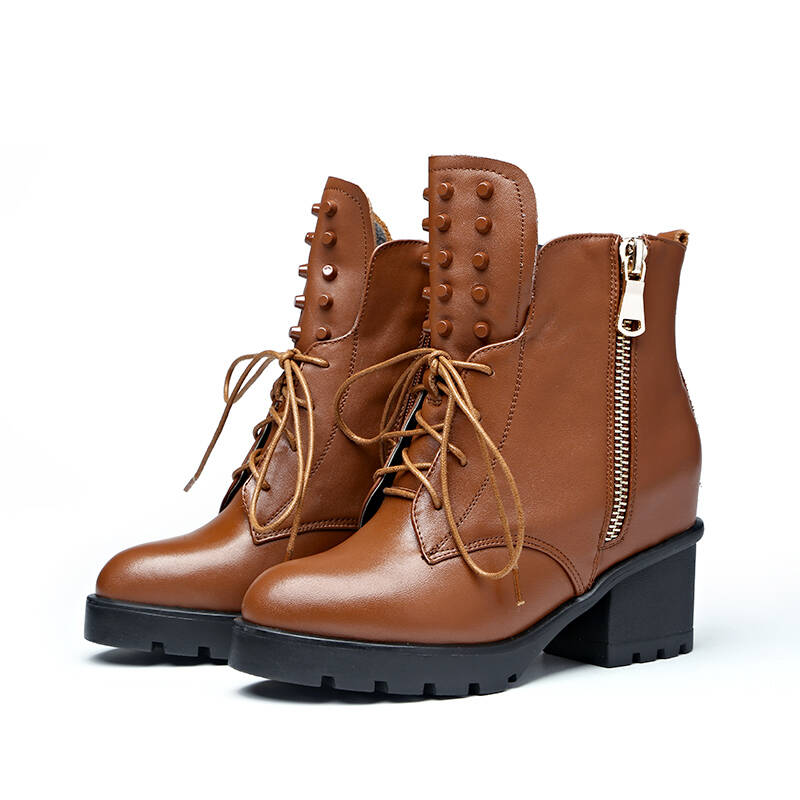 澳伦(aolun) 秋冬马丁靴女英伦风粗跟短靴牛皮高跟短筒女靴子0805