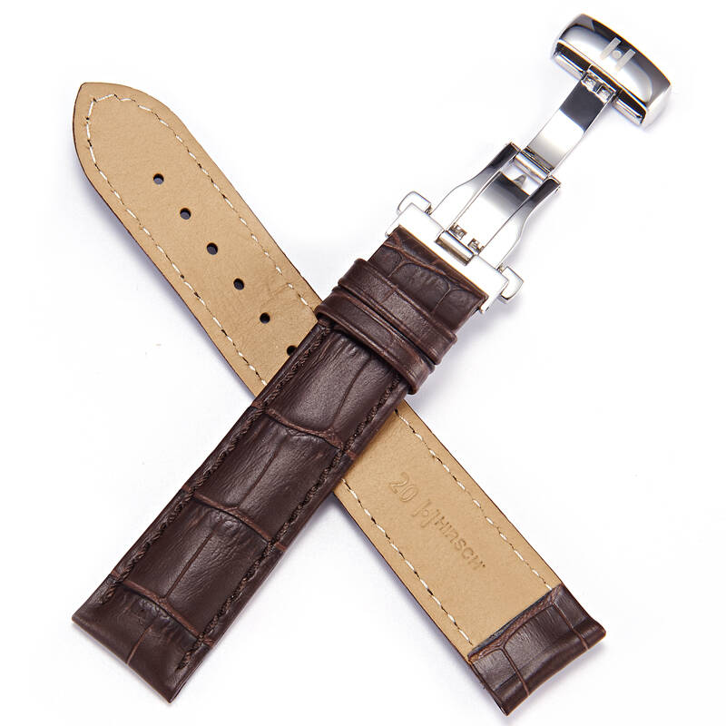 海奕施(hirsch)表带牛皮各品牌男女手表通用表带棕色棕线钢色蝴蝶扣18