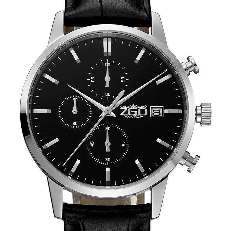 正港(zgo)手表经典商务男表多功能计时日历男士手表 597男黑带银壳