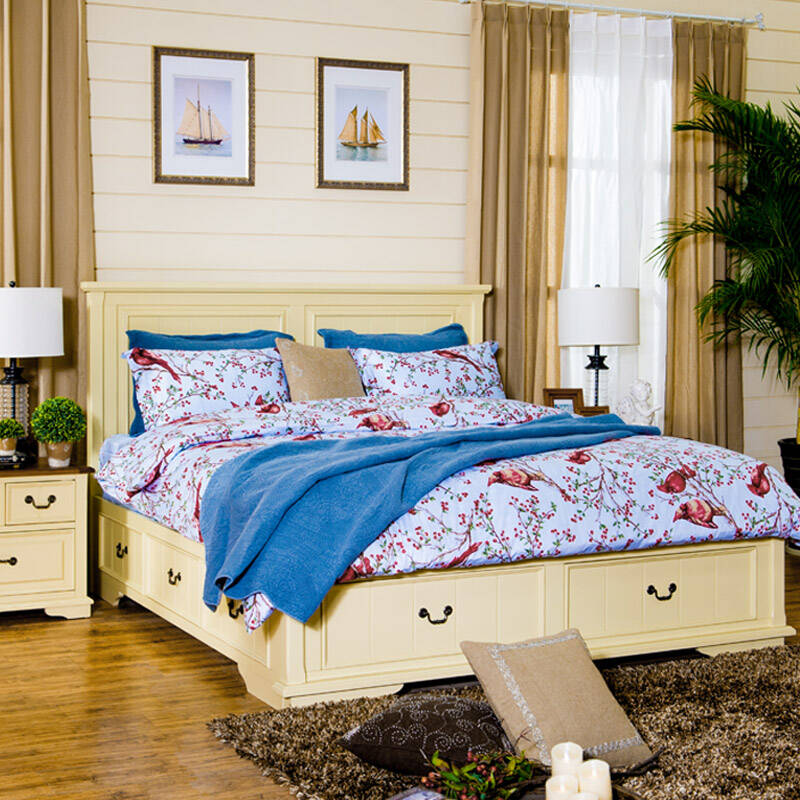 贝尼尼美式乡村简约带储物功能高箱双人床 实木卧室家具 包安装