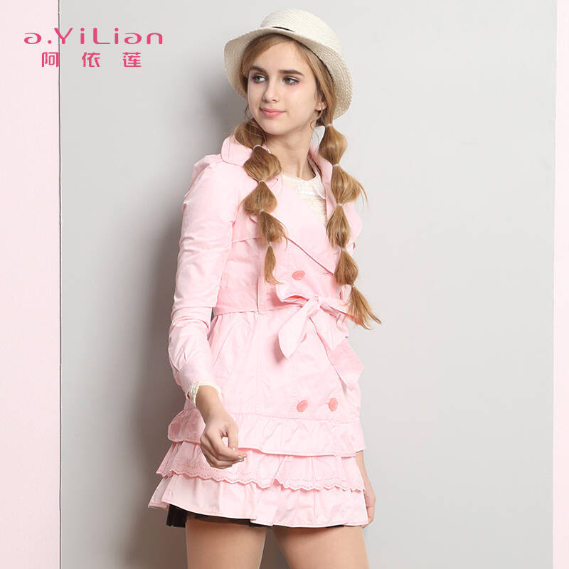 阿依莲 2016春新品中长款双排扣甜美韩版女外套多层下摆绣边风衣cc2