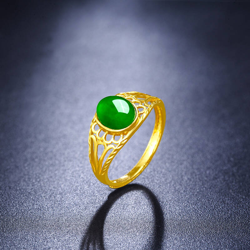 花好玉缘 足金镶玉黄金戒指 黄金镶嵌和田碧玉 指圈大小可调节
