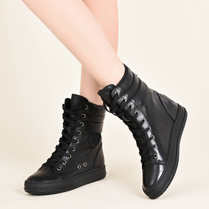 麦露迪2016秋季新款真皮高帮女靴板鞋休闲鞋潮平底系带休闲舒适厚底