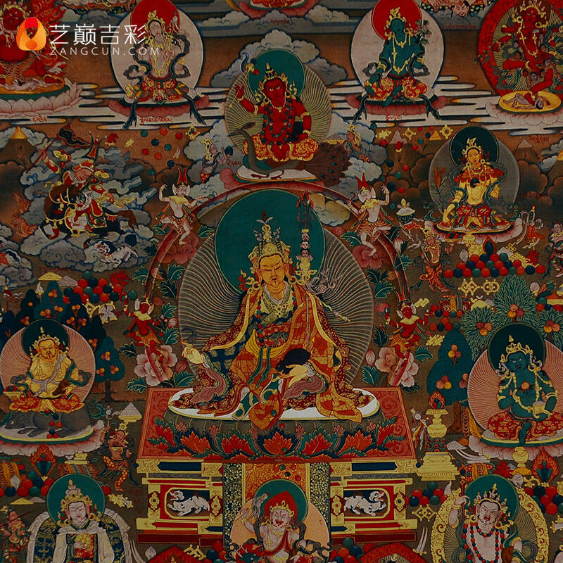 尼泊尔 棉布装裱 天然矿物颜料画心 莲师财神 唐卡佛像 黑色古棉 90cm