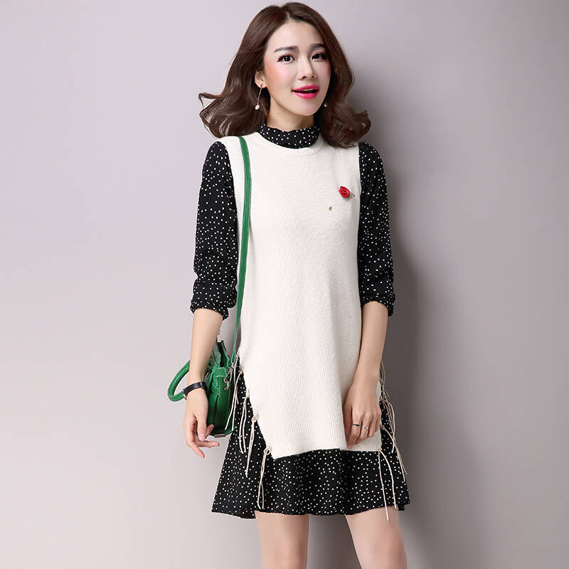 雪夕2016春季新款女装圆点雪纺打底连衣裙圆领针织背心两件套装 60 浅