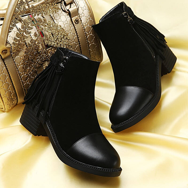 短靴女秋真冬磨砂皮马丁靴英伦中跟粗跟侧拉链及踝靴欧美百搭圆头流苏