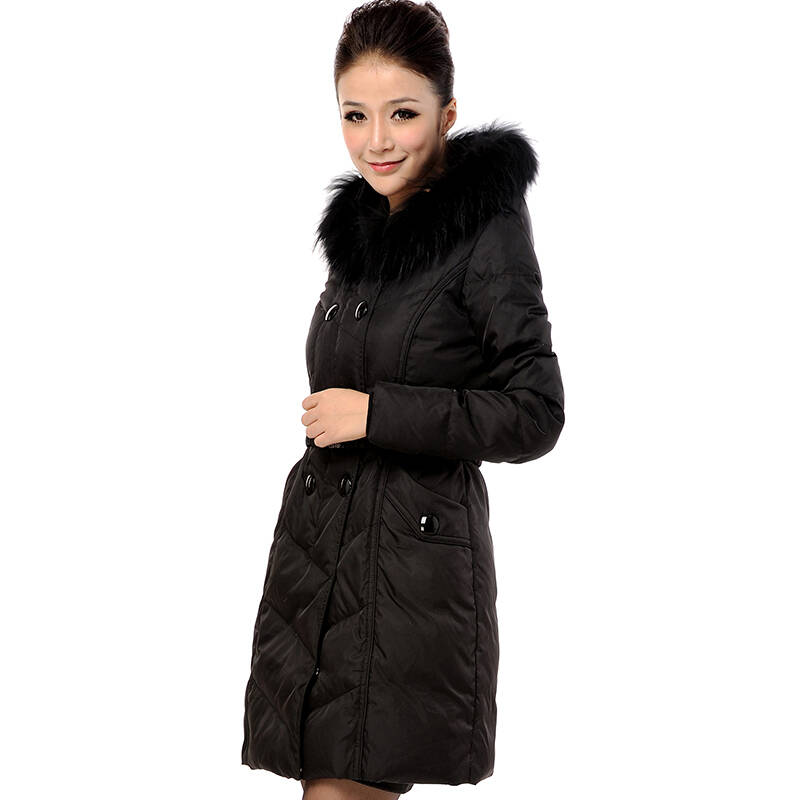 冰洁(bingjie)女修身连帽大毛领中长款羽绒服j1201146 175/96a黑色#1