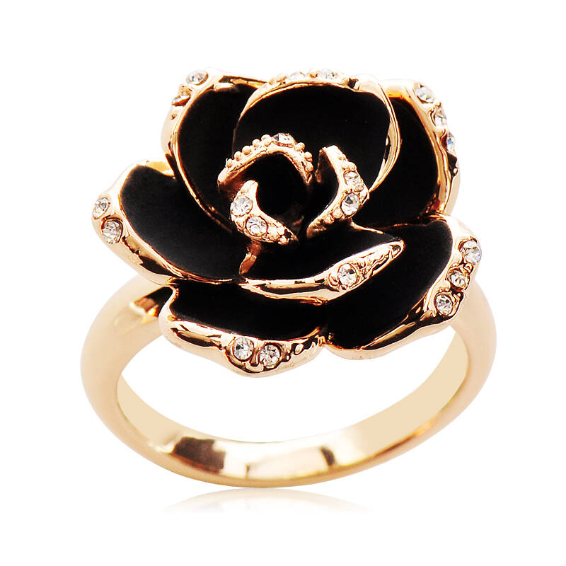 海雯妮 戒指女黑玫瑰花朵韩版潮人中指戒子时尚装饰品 金色 小号-内