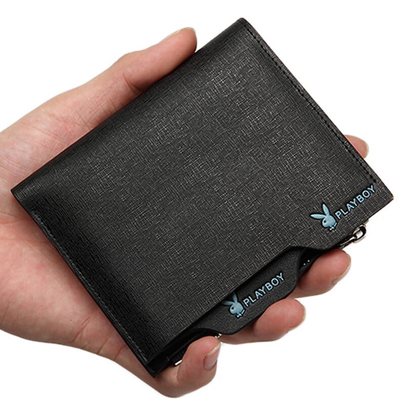playboy花花公子男士头层牛皮多功能牛皮插卡钱夹短款钱包男 黑色-竖
