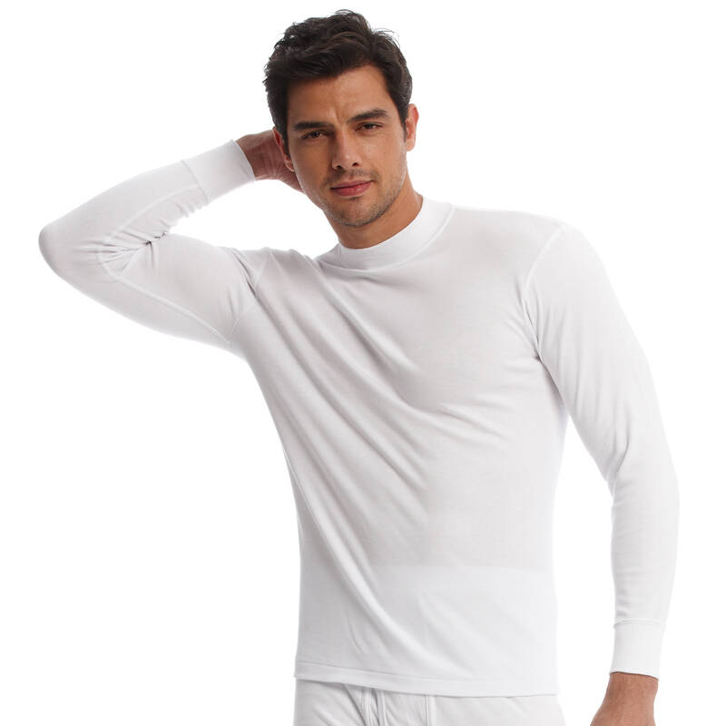 冬季男士中半高领打底精梳纯棉全棉秋衣保暖内衣保暖衣单件上衣 白色