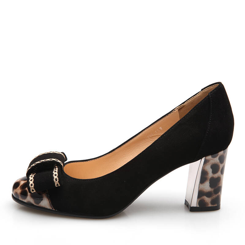 结羊绒粗跟豹纹拼接通勤高跟单鞋女1700145 黑色羊绒 咖色豹纹430123