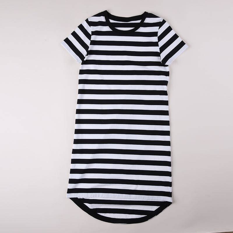 高梵横条纹圆领弧形后摆连衣裙中长款柔软宽松休闲女装gt1614417a