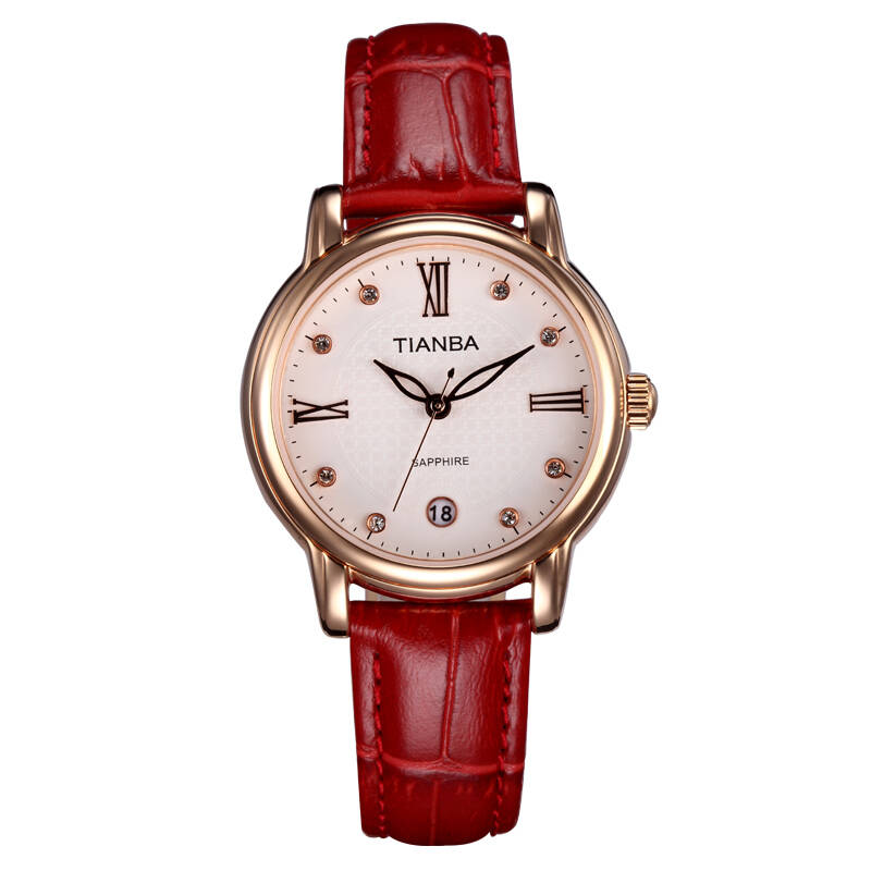 天霸(tianba)水钻时尚镶钻真皮石英女士手表tl7008 枚红色 