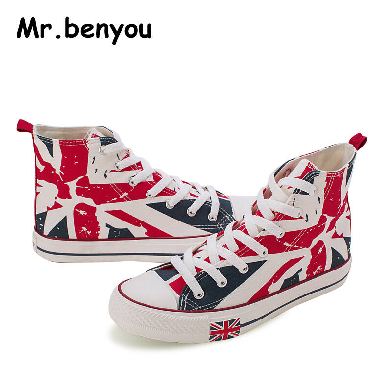 benyou)2014新款 男士百搭高帮系带米字旗休闲帆布鞋 图色 41