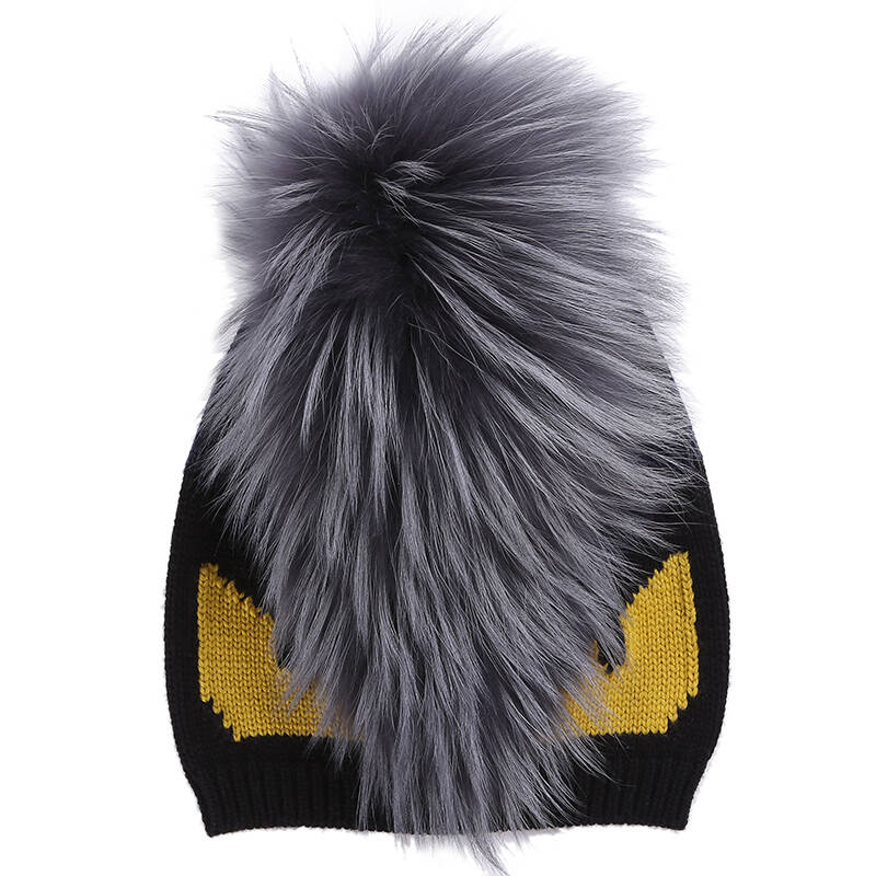 fendi 芬迪 男士黑色深蓝拼色羊毛小怪兽毛绒针织帽子 fxq056 56z f0