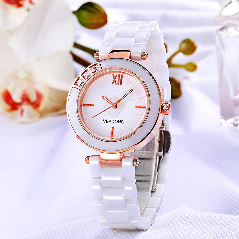 威顿(veadons)女士手表 时尚白色陶瓷防水女表 石英手表女 5002幸福心