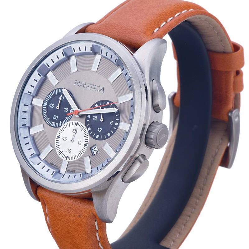 诺帝卡(nautica)手表 石英橙色皮带多功能男表黄褐色表盘a16692g