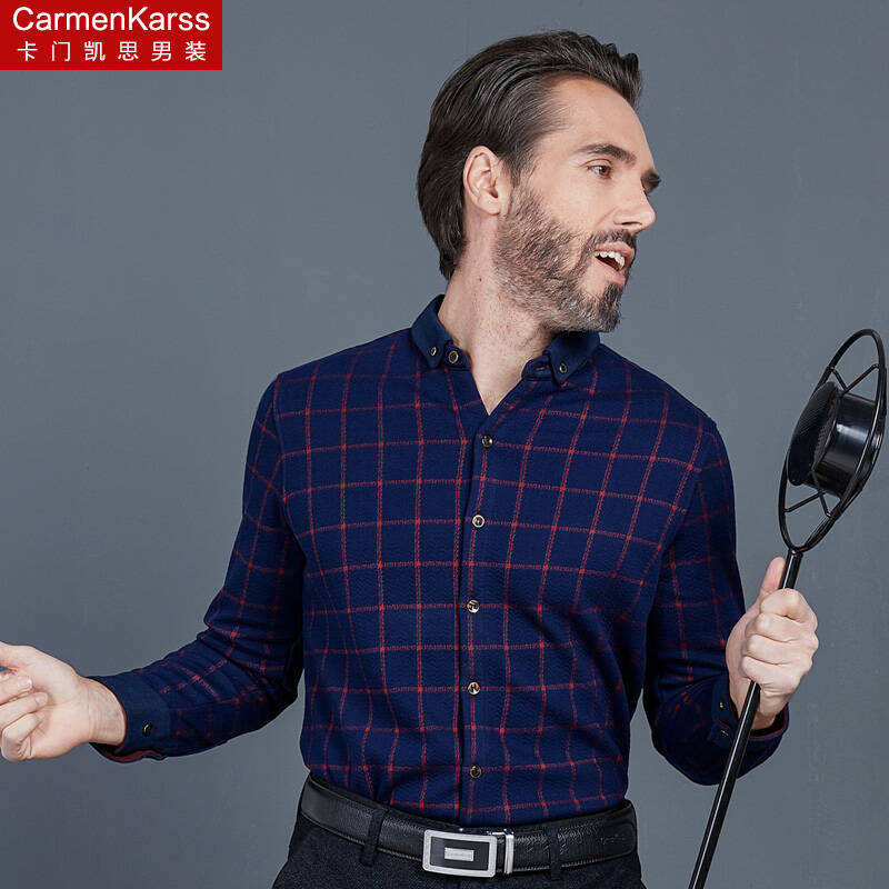 卡门凯思 冬季大码男装加绒衬衫 中年男士加肥加大保暖加厚格子胖子