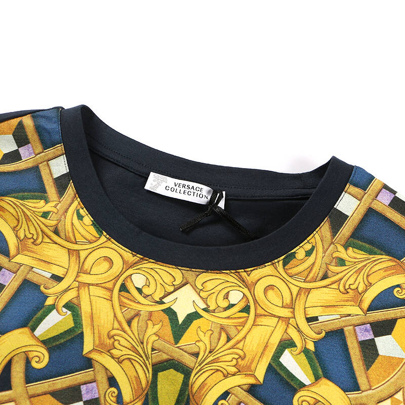 versace collection 范思哲 男款深蓝绿色棉质图案圆领短袖t恤衫 v800
