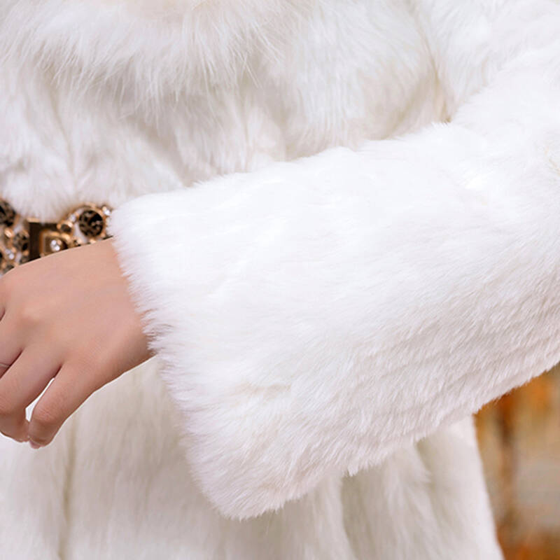 蓝林果 2015冬装新款仿皮草女装中长款可拆大毛领大衣外套 白色 均码