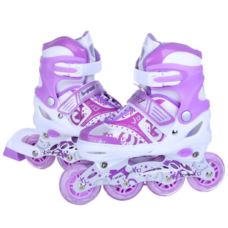 捷豹溜冰鞋闪光轮滑鞋可调直排轮儿童旱冰鞋男女孩初学溜冰鞋 紫色8轮