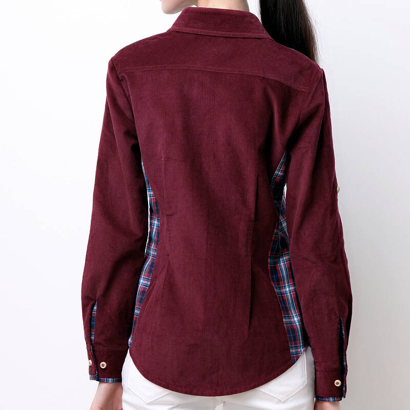 华伊格拼接英伦格子女衬衫 酒红色 xxl