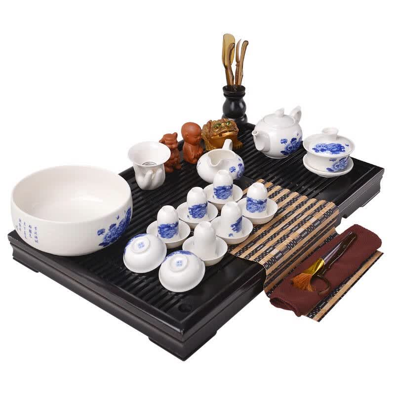 【京东自营】茶之翼 29件套青花瓷茶具套装牡丹配柯木茶盘041429 自营