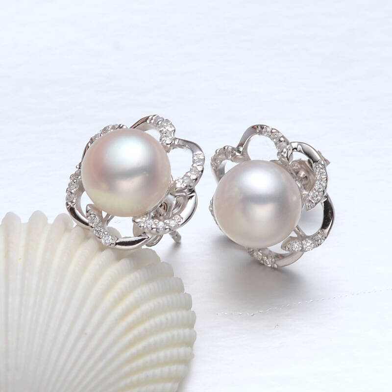 京润珍珠盛放9-10mm银镶锆石淡水珍珠耳钉耳饰白色
