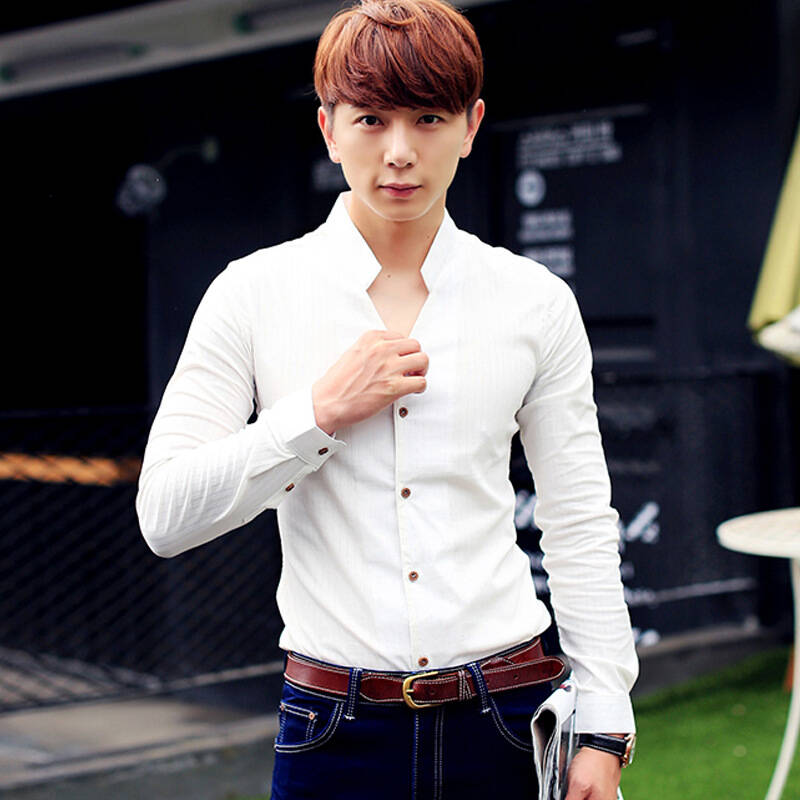 婕服装店*衣品恋城秋冬韩版男装时尚个性v领修身男士休闲长袖竖纹衬衫