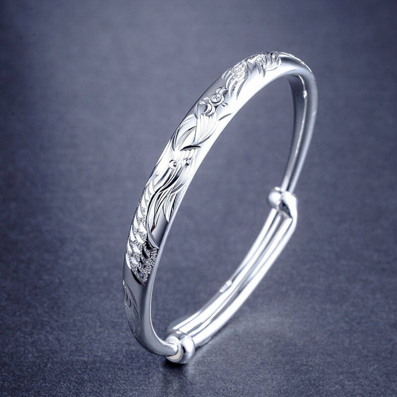 闪购自营 鸣钻国际 s990银女士手镯龙凤镯 精致亮面版 推拉手镯 大小