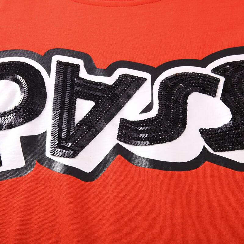 pass女装2016春装新款 蝙蝠袖拼接下摆撞色短款百搭字母亮片t恤