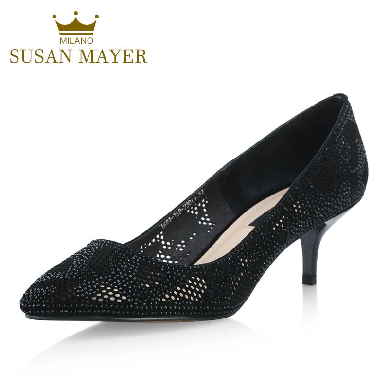 susan mayer女鞋浅口高跟鞋水钻尖头细跟真皮 2016新款羊皮镂空透气女