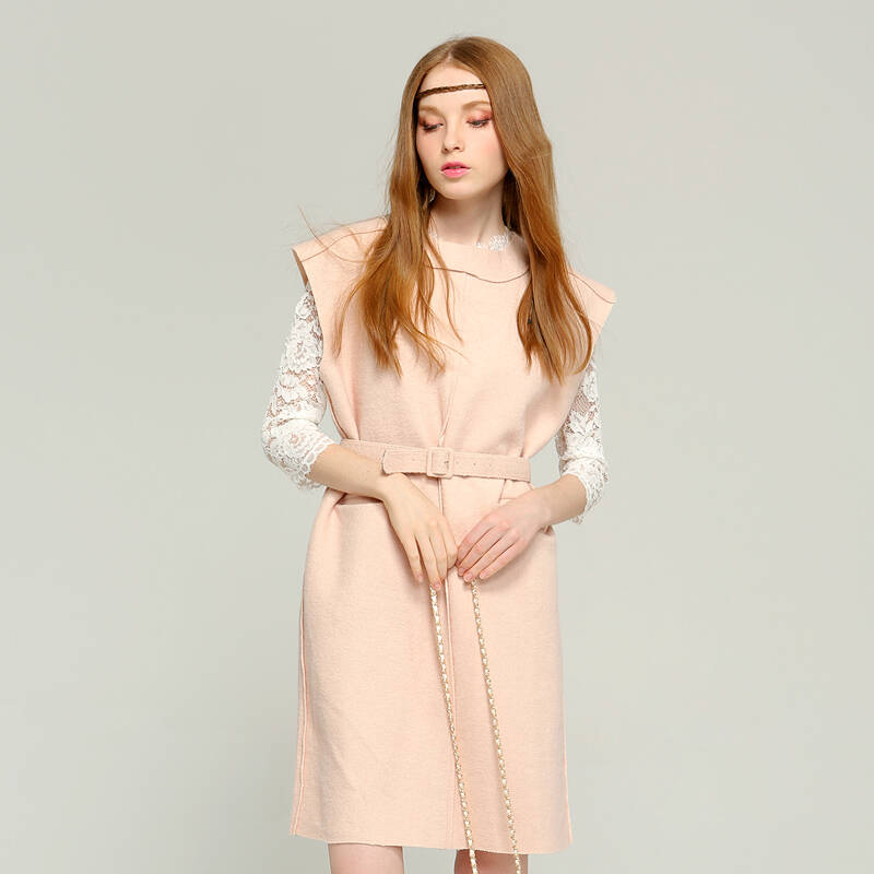 chartres秋季新款粉色毛呢连衣裙 中长款裙子 圆领无袖女装q363 粉