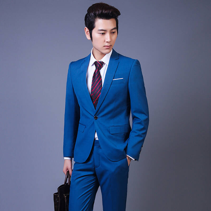 大码商务休闲时尚结婚纯色西装 韩版修身男士西服套装三件套 湖蓝色