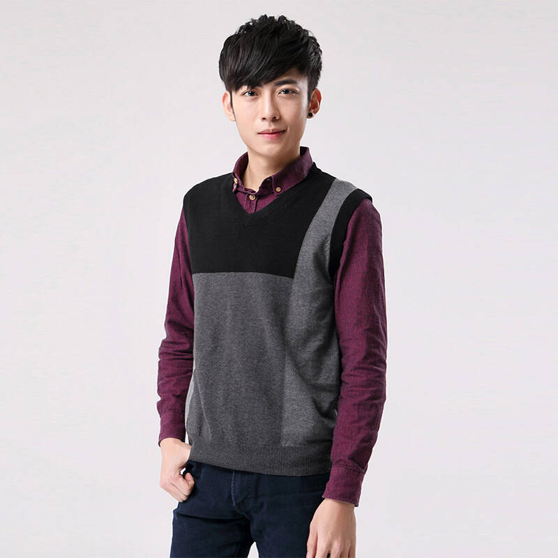 衣之纯2015秋冬新品无袖针织毛线衣撞色马夹 男装 黑色 m