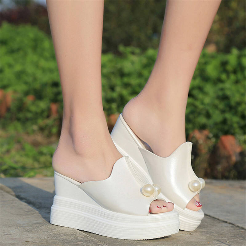 夏季一字拖鞋高跟松糕凉拖鞋女厚底坡跟凉拖沙滩拖鞋yzl-yc-106 白色