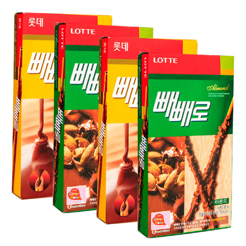 韩国原装进口食品 乐天杏仁花生巧克力棒饼干4盒办公室休闲小零食