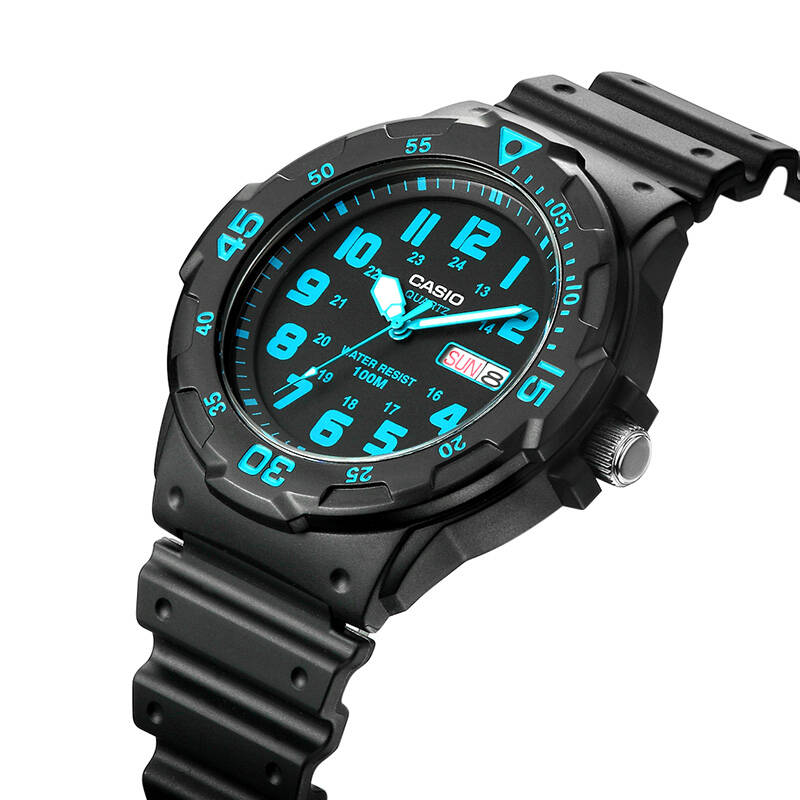 卡西欧(casio)手表 运动防水儿童学生表 黑盘蓝字黑色橡胶带mrw-200h