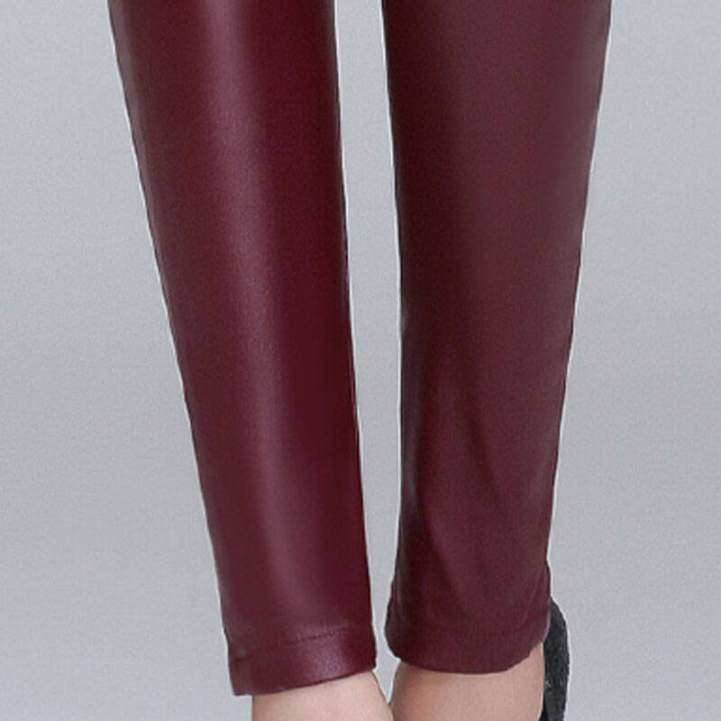 皮质pu多钮扣性感修身高腰裤外穿打底裤女小脚加绒皮裤子9835 枣红色