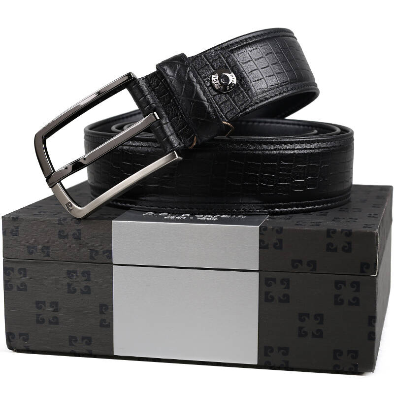 京东配送 皮尔卡丹pierre cardin男士牛皮针扣皮带 黑色