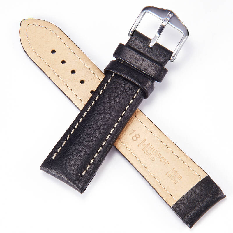 海奕施(hirsch)表带牛皮各品牌男女手表通用表带黑色白线钢色针扣18
