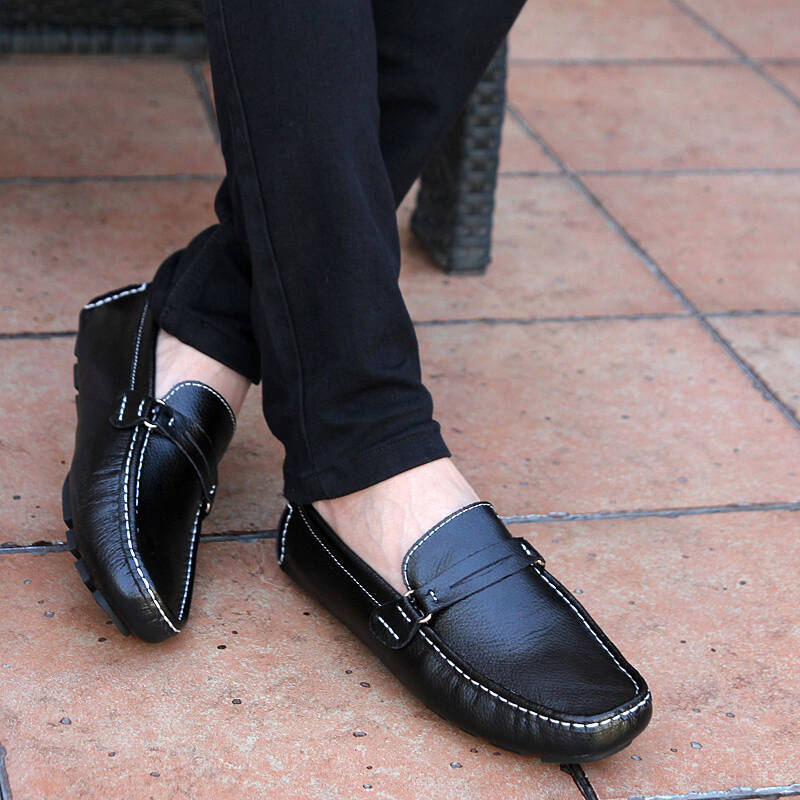 丹狄瑞斯豆豆鞋男款加绒英伦潮手工舒适男鞋有大码45 46 47码 黑色-不