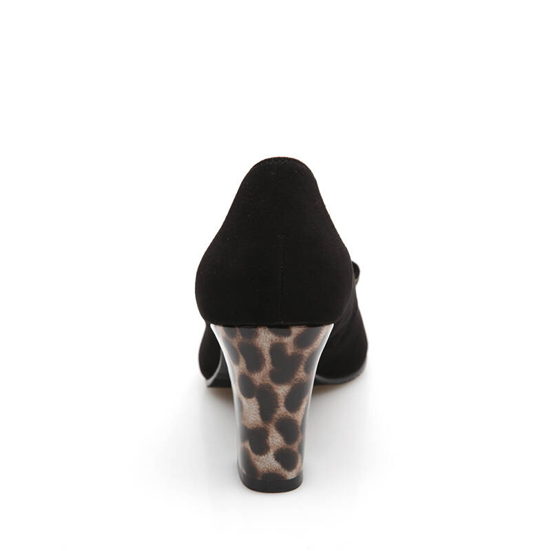 结羊绒粗跟豹纹拼接通勤高跟单鞋女1700145 黑色羊绒 咖色豹纹430123