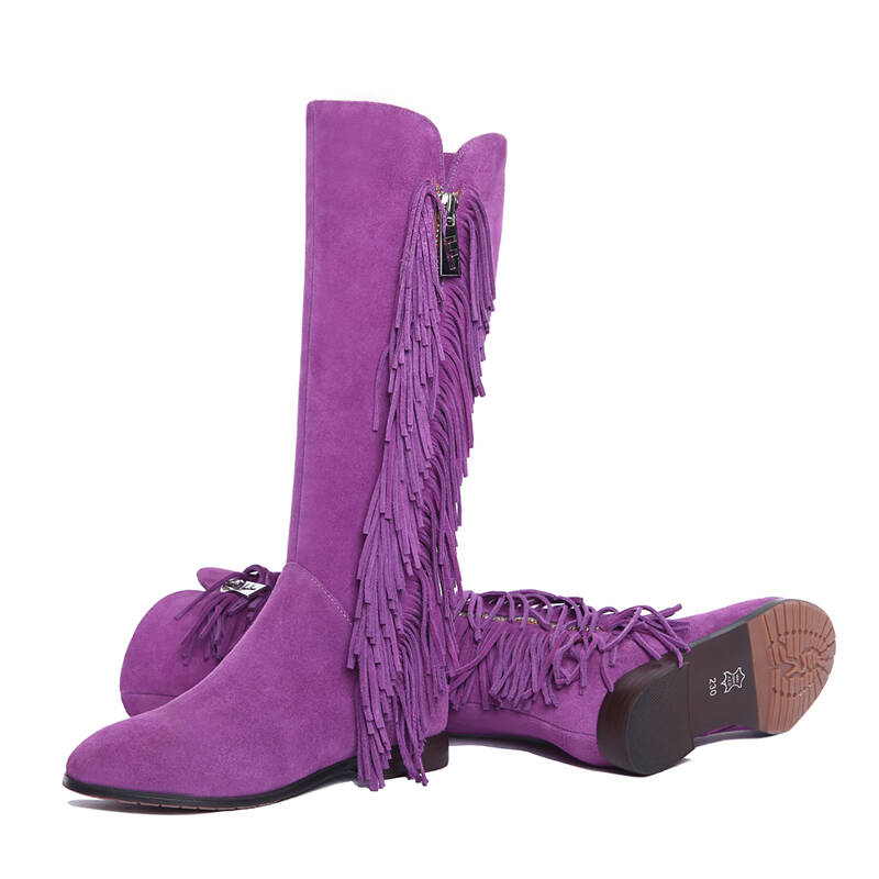 柯百蒂 平底学生流苏靴子高筒靴 学院磨砂皮长靴女靴731 紫色 39