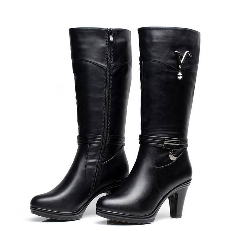 秋冬款高跟中靴 防水台粗跟中筒靴 骑士靴棉靴冬靴女靴子 黑色 短毛绒