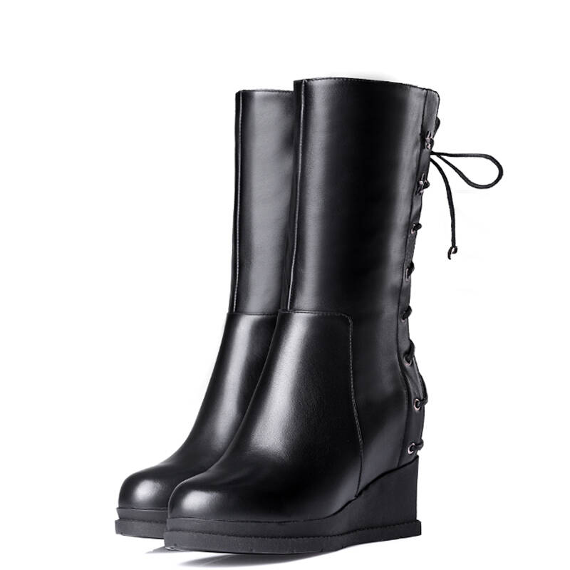 柯百蒂 冬季系带坡跟真牛皮女靴 秋靴子中筒靴厚底女士皮靴中靴887